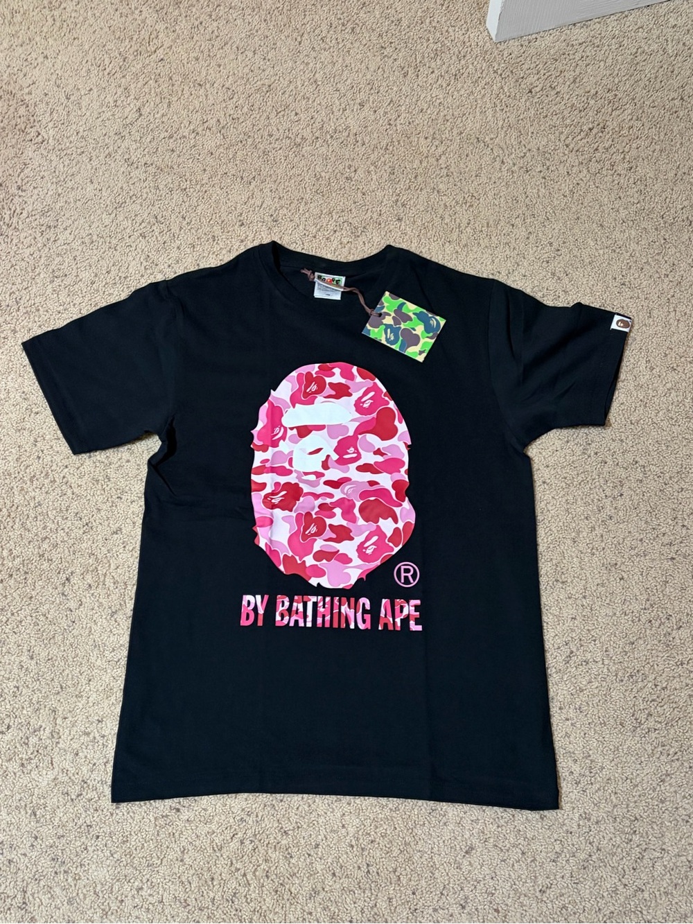 Kids' Black Tee with Pink Camo Ape Head